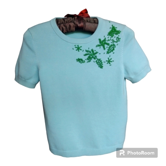 Brooks Brothers Short Sleeve Blue Green Aqua Beaded Knit Crew Neck Sweat… - Picture 13 of 15